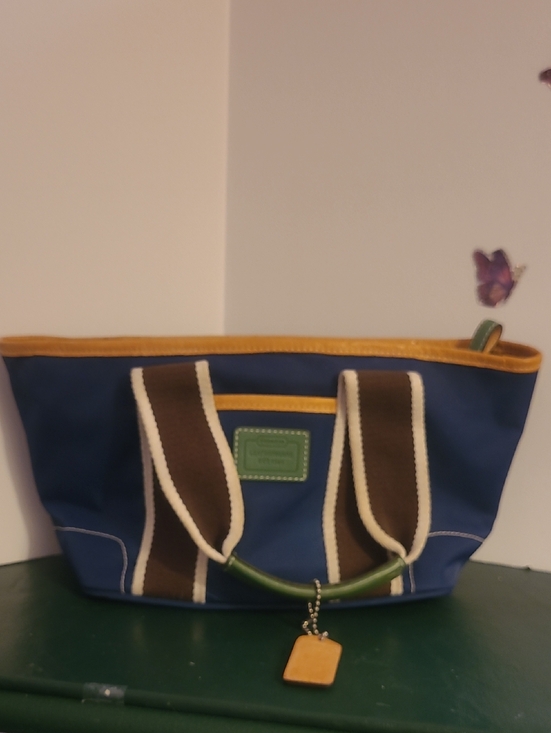 Coach Handbags - Coach Blue Tote Bag with Brown Accent and Yellow Trim Lined In Signature Plastic